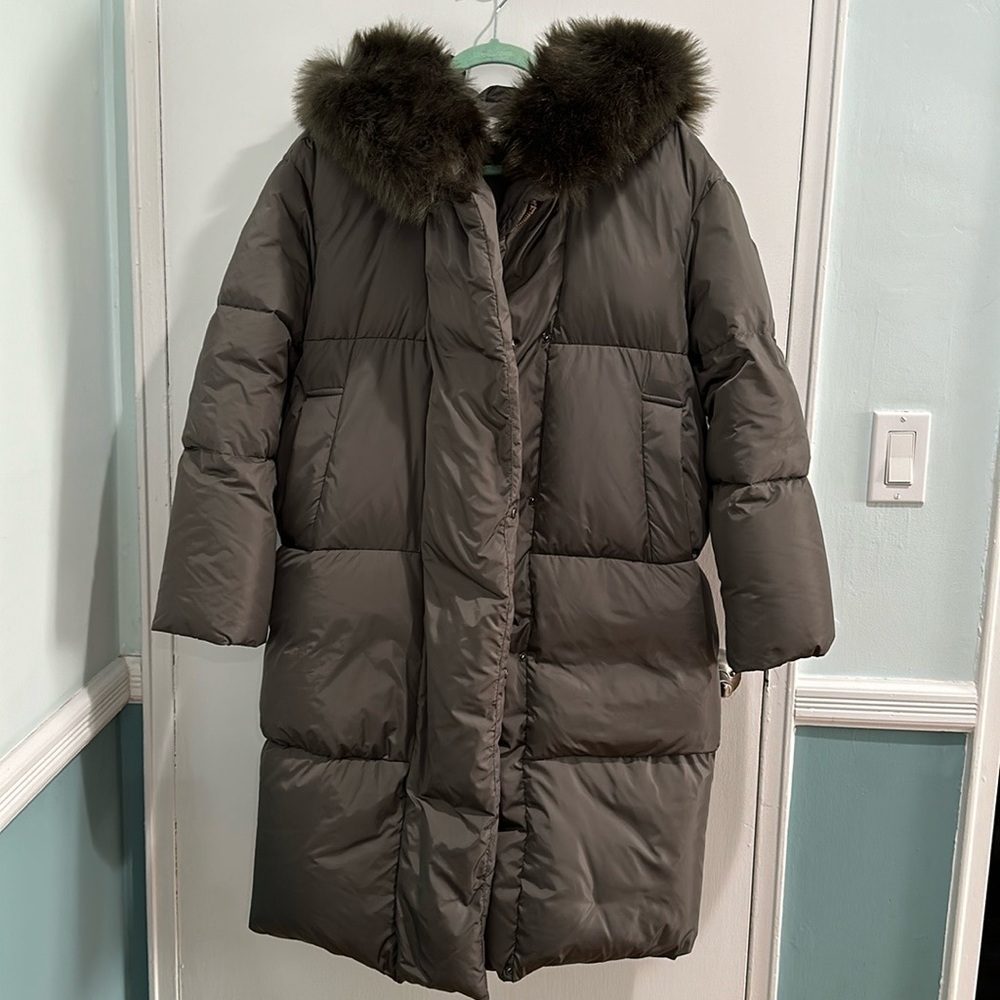 Mango Olive Puffer Coat with Faux Fur Trim